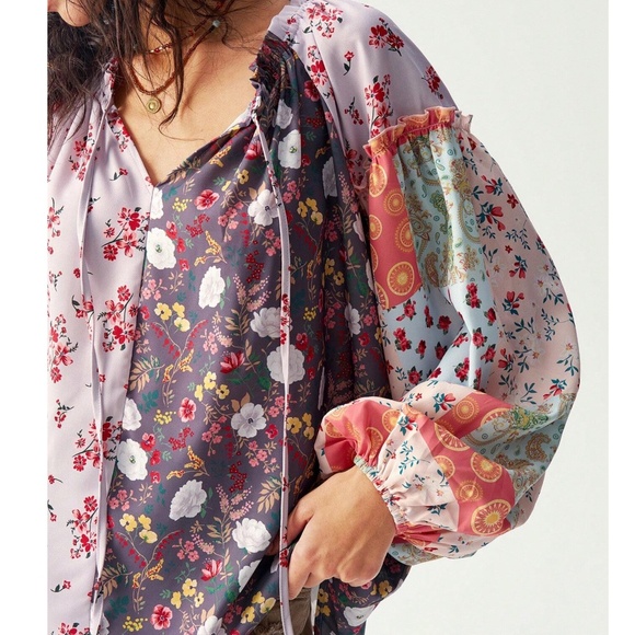 Boho Floral Print Patchwork Neck Tie Long Sleeve Blouse - Picture 3 of 7
